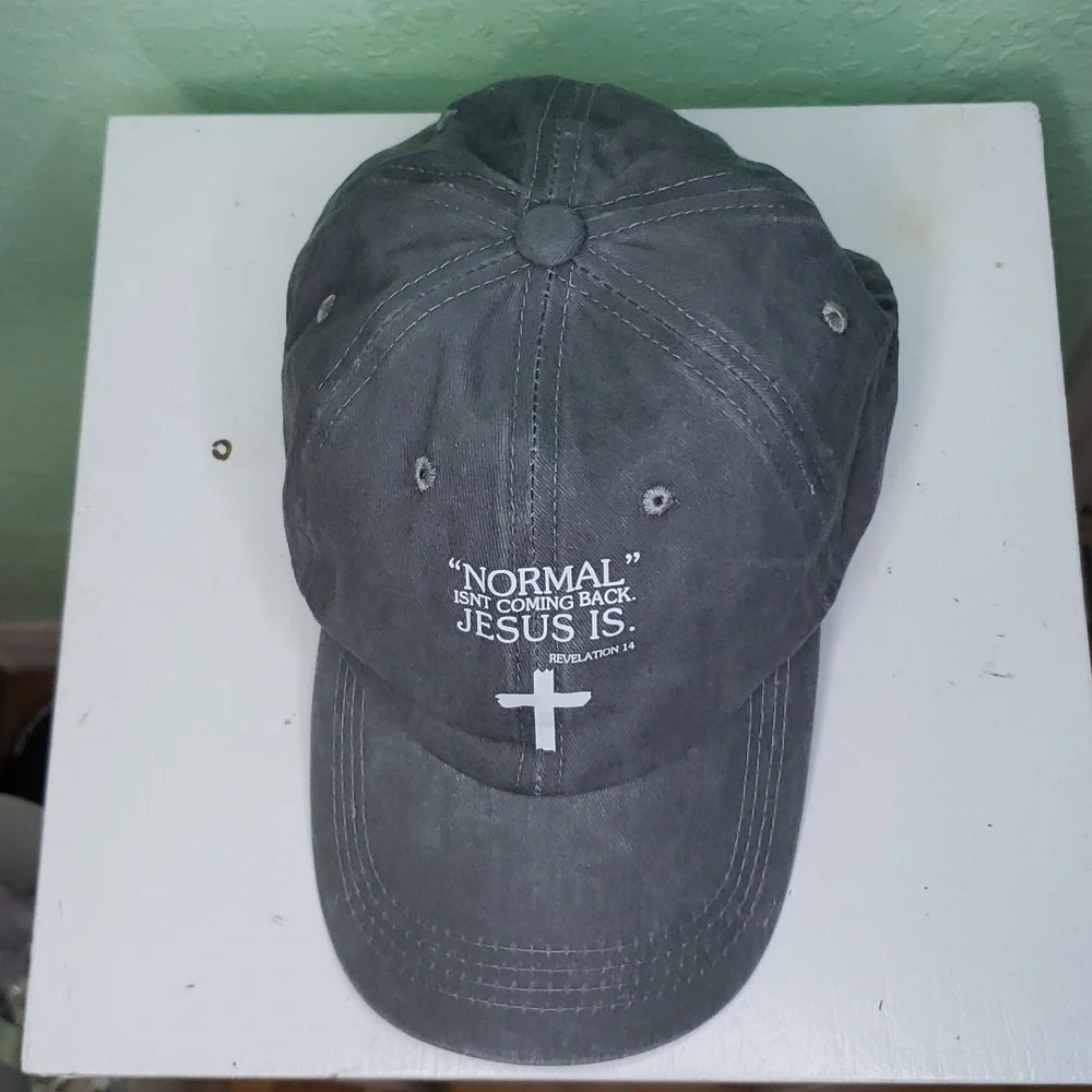 women's NORMAL ISN'T COMING BACK, JESUS IS gray soft ball cap